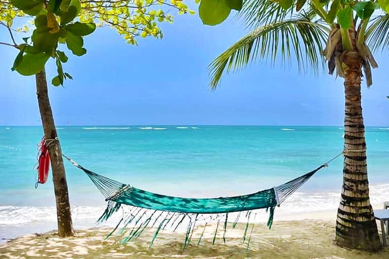 Hammock strung between palm trees on a tropical beach with turquoise water