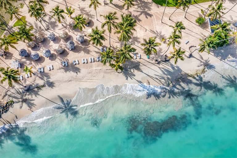 Overhead beach view with pristine white sand, palm tree shadows, lounge chairs, and turquoise ocean waves