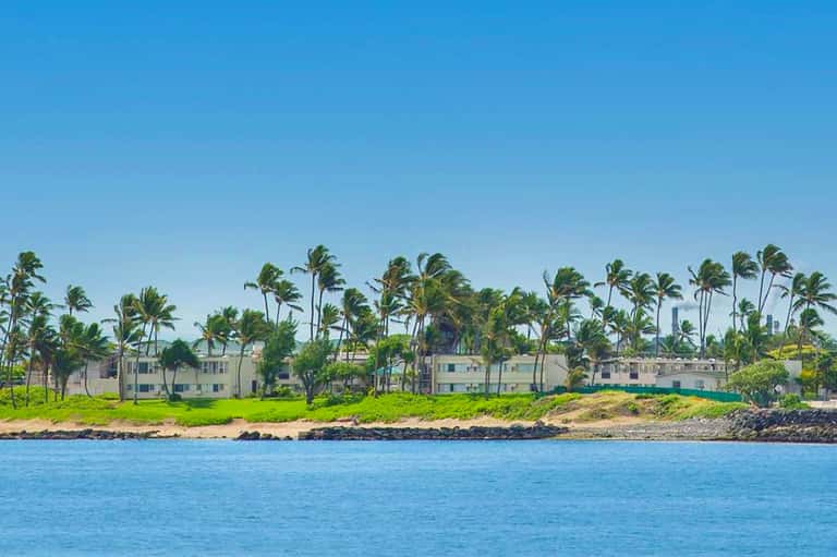 Beachfront residential buildings with palm trees along rocky coastline and clear blue water