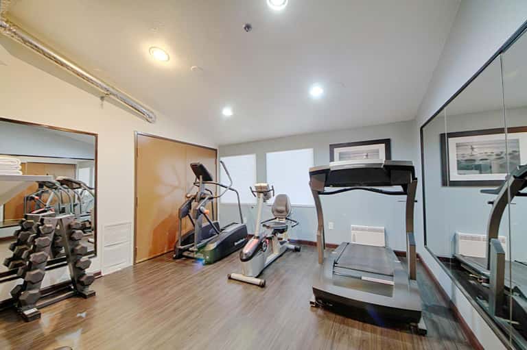 Modern fitness center with treadmills, exercise bike, dumbbells, and mirrors