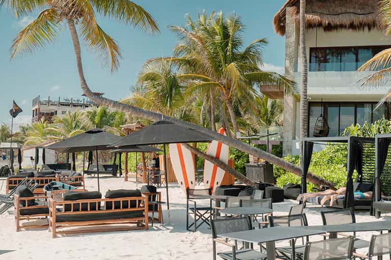 Beach cabana lounge area with wooden furniture, black umbrellas, and palm trees