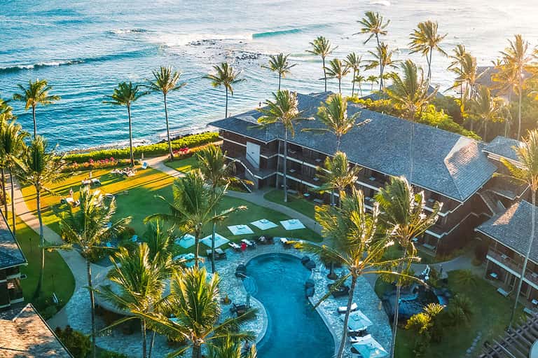 Aerial view of beachfront resort with curved pool, palm trees, and sandy beach access