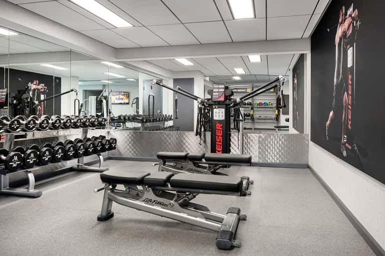 Modern gym interior with dumbbells, benches, mirrors, and fitness equipment