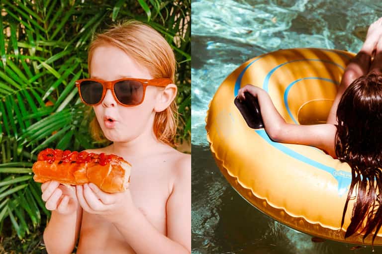 Child wearing sunglasses holding pastry on left; child with pool float in water on right