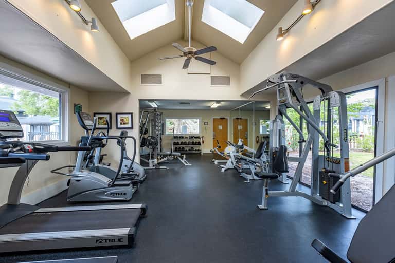 Bright fitness center with treadmills, weight machines, skylights, and outdoor view