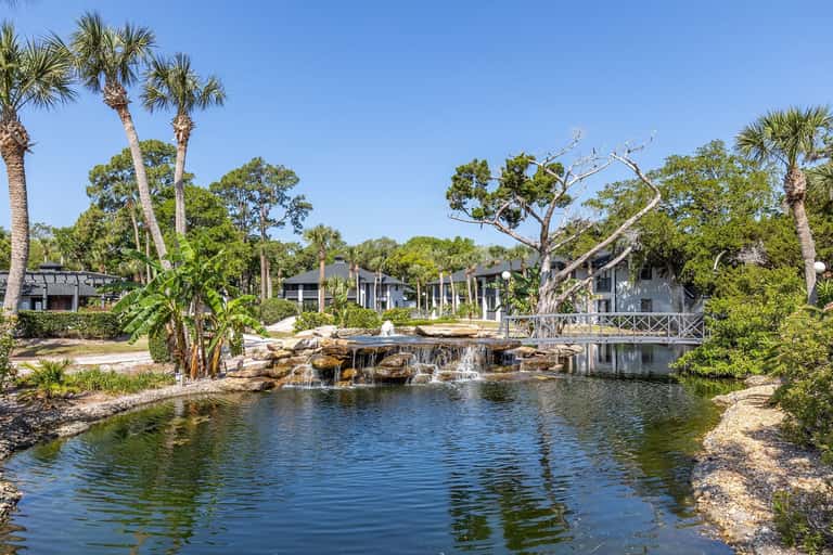 Resort landscape featuring natural pond with waterfall, palm trees, manicured grounds, and modern architecture