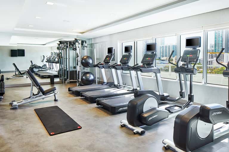 Bright gym with cardio machines, free weights, mirrors, and panoramic city views through windows
