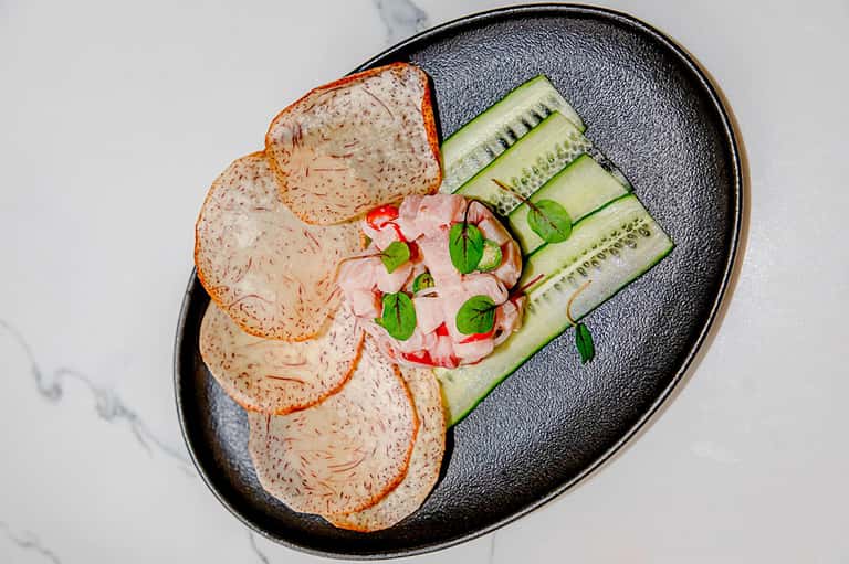 Artfully plated appetizer with sliced meat, cucumber, and microgreens on black plate