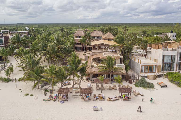 Aerial view of beachfront resort with thatched-roof buildings, palm trees, and sandy beach