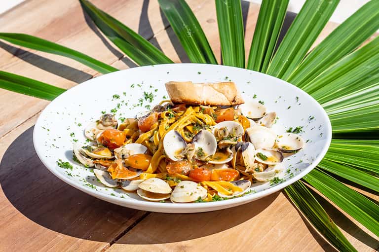 Seafood pasta dish with clams, colorful vegetables, and fresh herbs on white plate with palm frond
