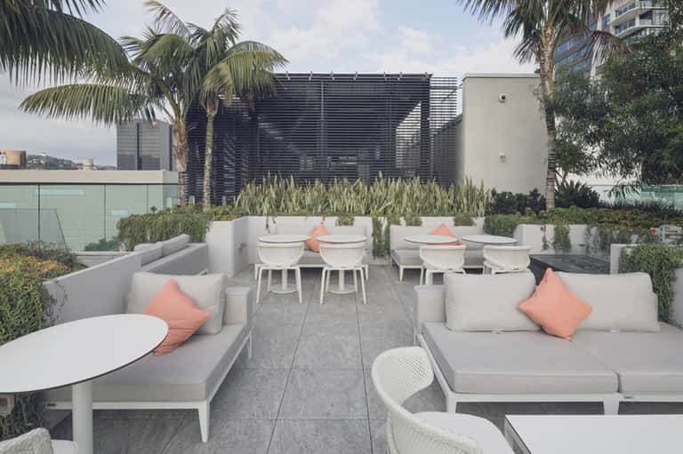 Rooftop lounge with white seating, coral cushions, greenery, and urban skyline views