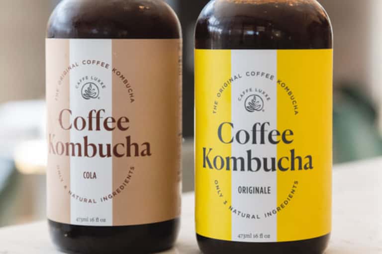Two bottles of Coffee Kombucha beverages in cola and original flavors on white background