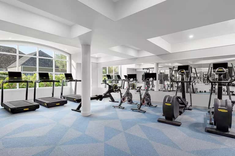State-of-the-art fitness center with treadmills, exercise bikes, and gym equipment under natural light