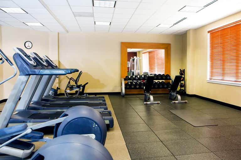 Bright fitness center with blue treadmills, exercise bikes, and free weights