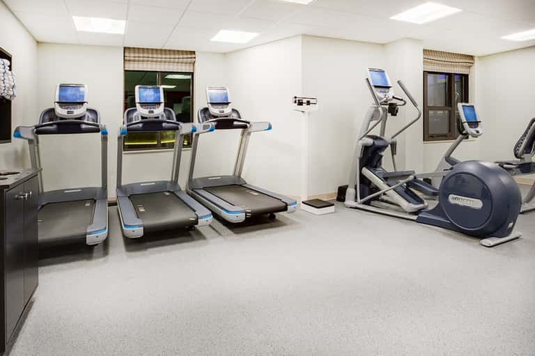 Modern fitness center with blue and black treadmills, stationary bikes, and elliptical exercise equipment