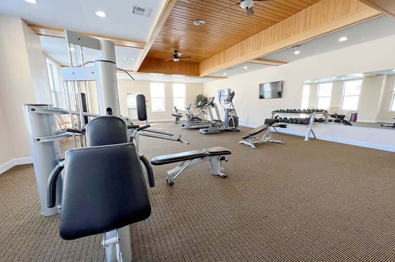 Bright fitness center with wooden ceiling, cardio machines, dumbbells, and weight benches