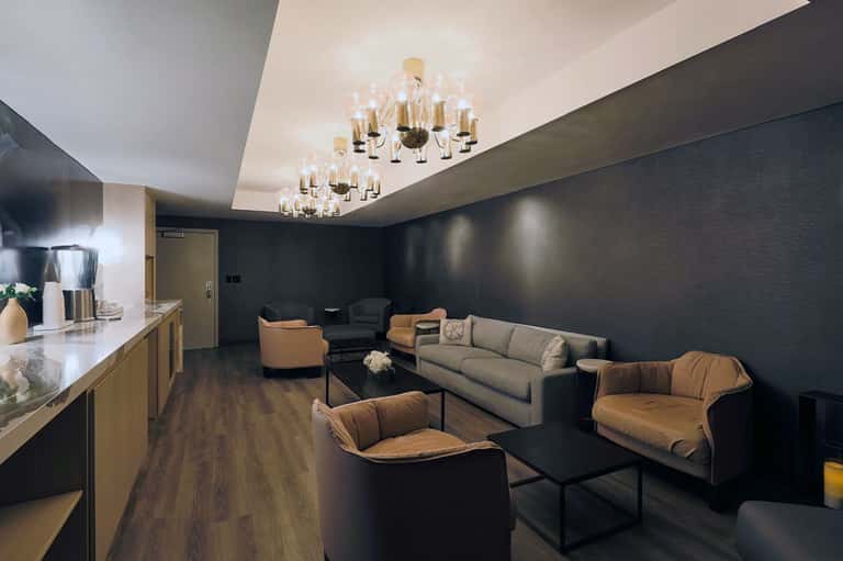Modern lounge with dark walls, contemporary furniture, and elegant ceiling fixtures