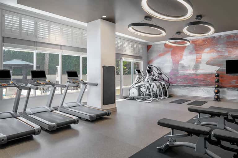 Contemporary hotel fitness center with treadmills and exercise equipment
