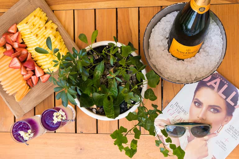Elegant outdoor spread with champagne, charcuterie, salad, and luxury magazine on wooden table