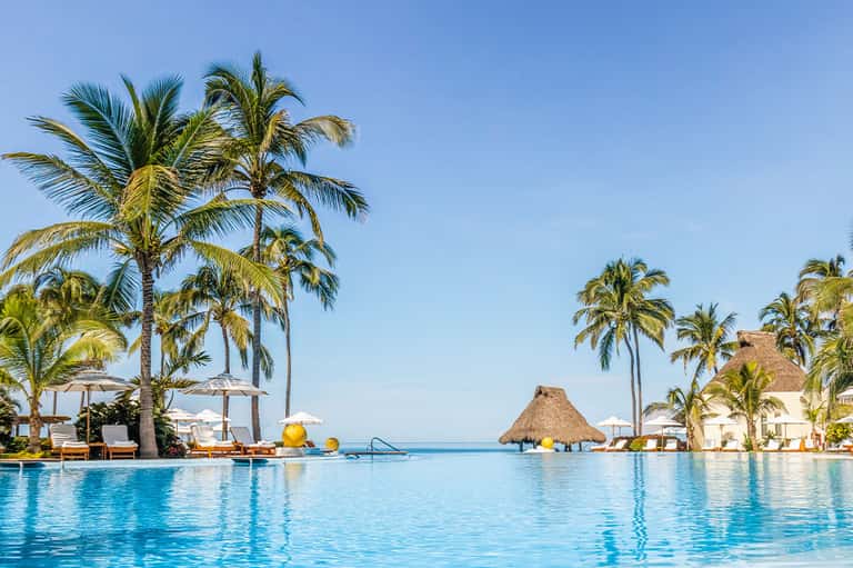 Luxury infinity pool with palm trees, thatched-roof cabana, and ocean horizon views.