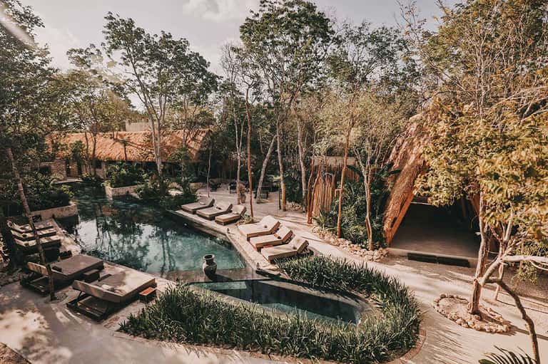 Natural pool surrounded by tall trees with lounge chairs and wooden deck