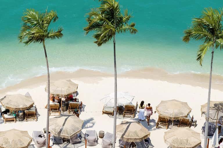 Aerial view of pristine beach with palm trees, thatched umbrellas, lounge chairs, and turquoise ocean waters