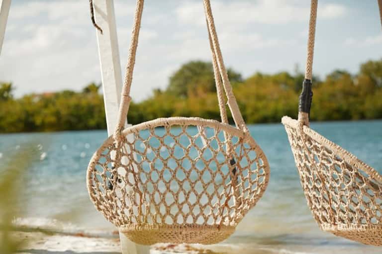 Hanging rope swings over turquoise water with mangrove forest background