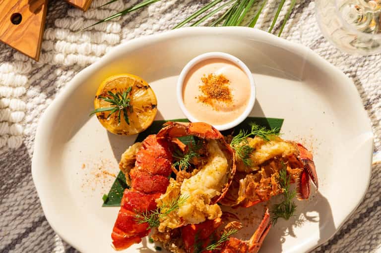 Gourmet grilled lobster plate with sauce and garnish on textured beige placemat