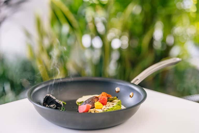 Gourmet plated fish dish with vegetables in black pan against garden background
