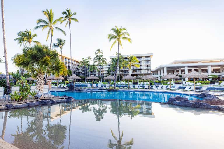 Resort pool with palm trees, lounge chairs, thatched umbrellas, and multi-story hotel buildings