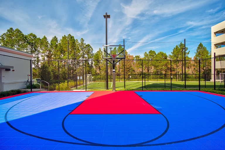 Bright blue and red recreational basketball court with netting and surrounding forest
