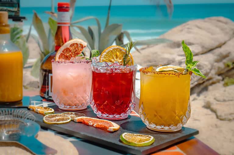 Colorful cocktails with citrus garnishes displayed on beach table with ocean view