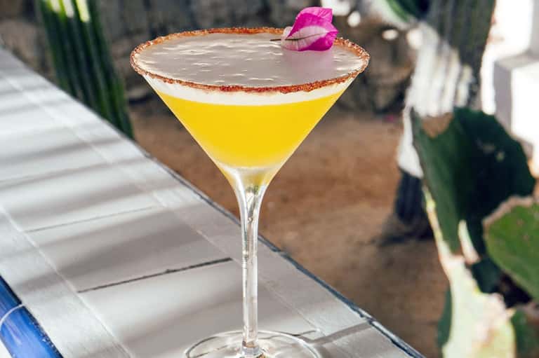 Yellow margarita cocktail with salt rim and pink flower garnish outdoors