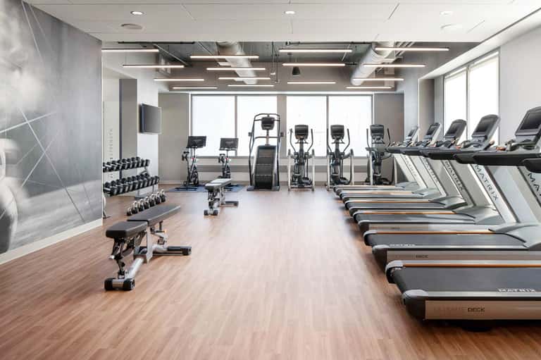 Modern fitness center with treadmills, dumbbells, and exercise equipment