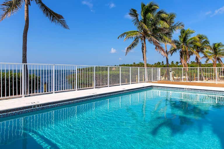 Oceanview rooftop pool with white railings, palm trees, and blue water beyond