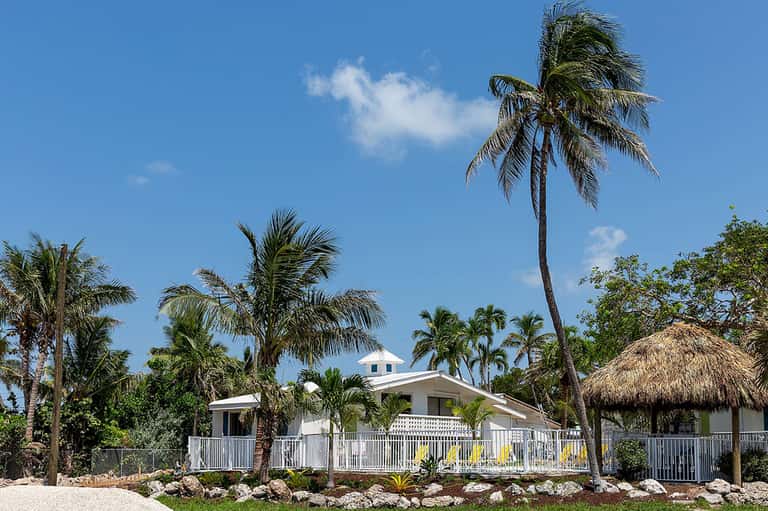 Beachfront tropical cottage with white railings, thatched-roof structure, and surrounding palm trees