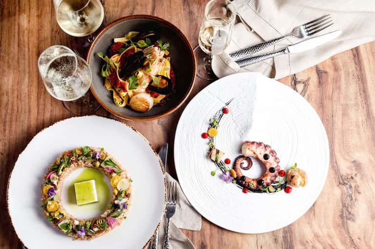 Plated fine dining dishes with artistic presentation, wine glasses, and wooden table setting