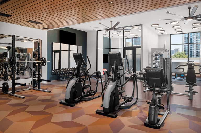 Modern gym with cardio equipment, free weights, and floor-to-ceiling windows