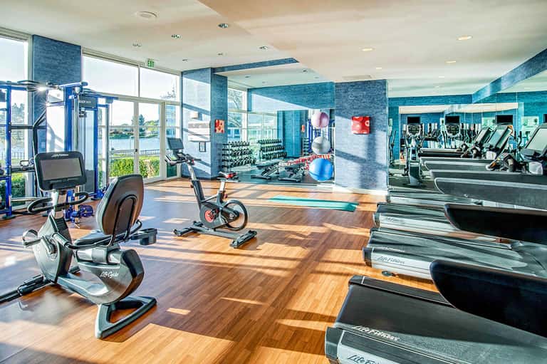 Bright fitness center with cardio equipment and water views