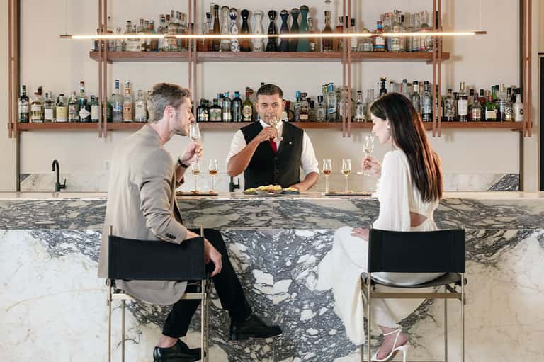 Modern bar with marble counter, two customers, bartender in vest, and extensive spirit collection on shelves