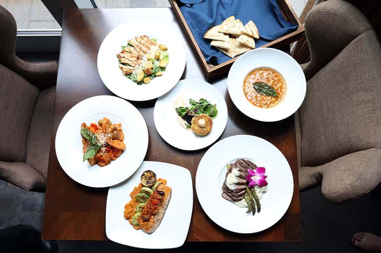 Gourmet plated dishes overhead including seafood, pasta, and appetizers with white plates