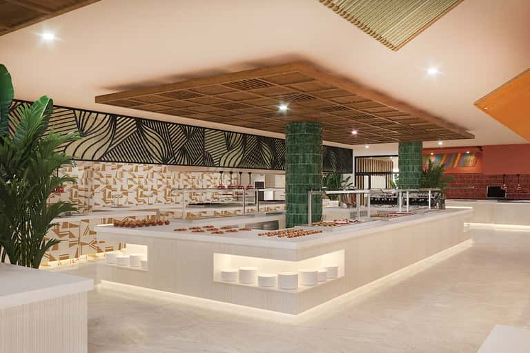 Modern hotel lobby with geometric wall patterns, green marble columns, and contemporary design elements