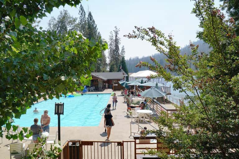Mountain resort pool surrounded by tall evergreen trees, with cabins and white tent structures