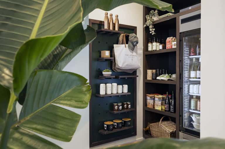 Modern spa retail display with shelving showing products, candles, and botanical decor