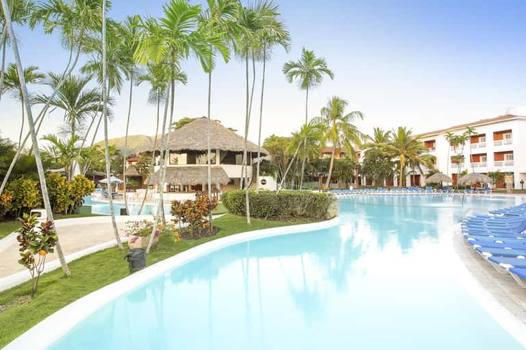 Lagoon-style pool with thatched bar structure and palm trees at resort