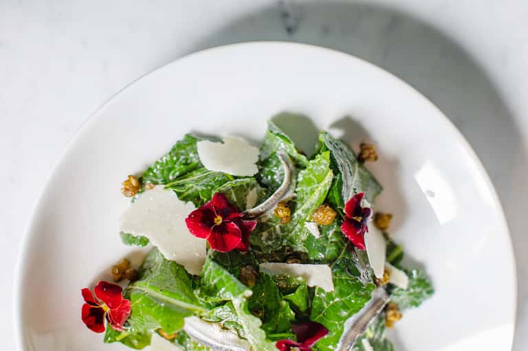 Plated garden salad with edible flowers, fresh greens, and parmesan shavings on white dish