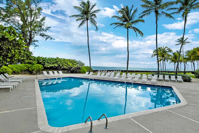 Rectangular pool with clear blue water, white lounge chairs, and palm trees under blue sky