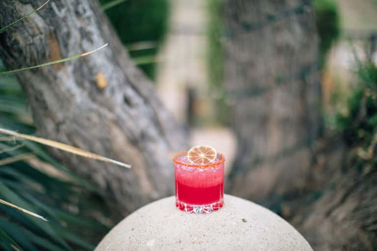 Vibrant red cocktail with lemon slice garnish on sandy beach with palm tree trunks