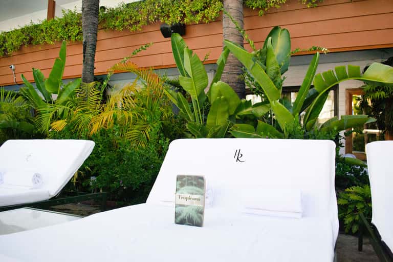Spa treatment beds with white linens arranged outdoors surrounded by tropical plants and palm trees