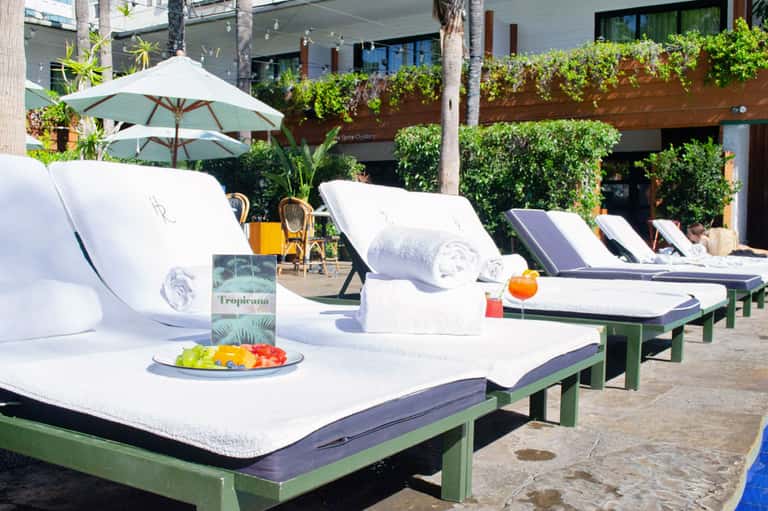 Beachside lounge area with white cushioned sunbeds, umbrellas, and tropical plants at resort